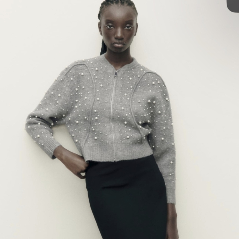 Zara Faux Pearl Bomber Sweater